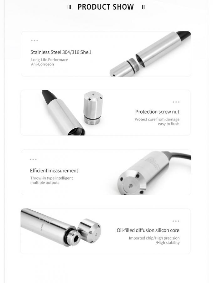 रुजिया 4-20ma डुबकीदार तरल स्तर सेंसर संकेतक ट्रांसमीटर अपशिष्ट जल उपचार के लिए हाइड्रोस्टैटिक जल स्तर सेंसर 2